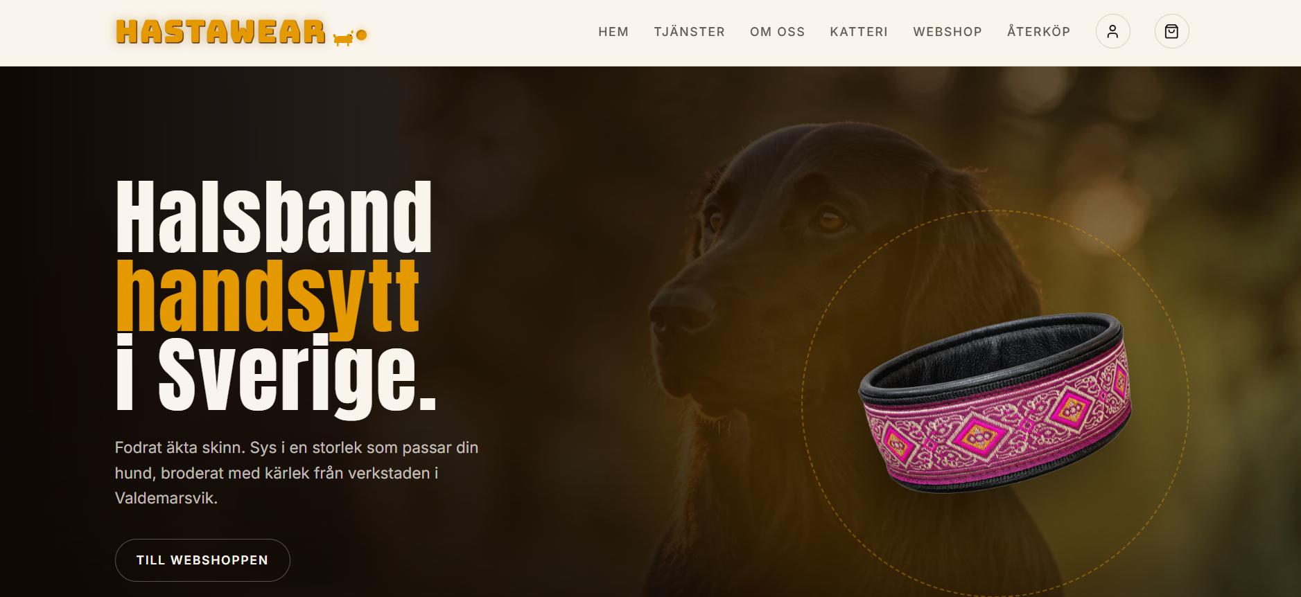 Startsidan för hastawear.se med handsydda hundhalsband