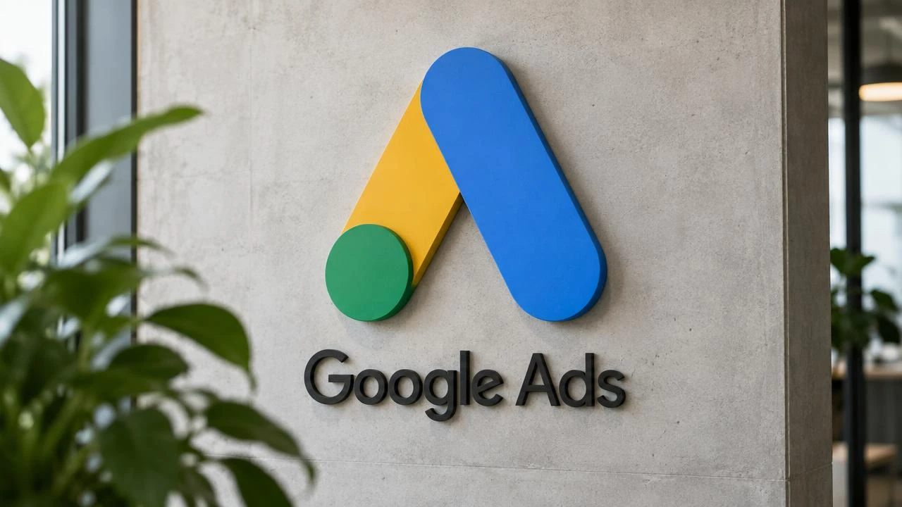 Google Ads-skylt på en kontorsvägg